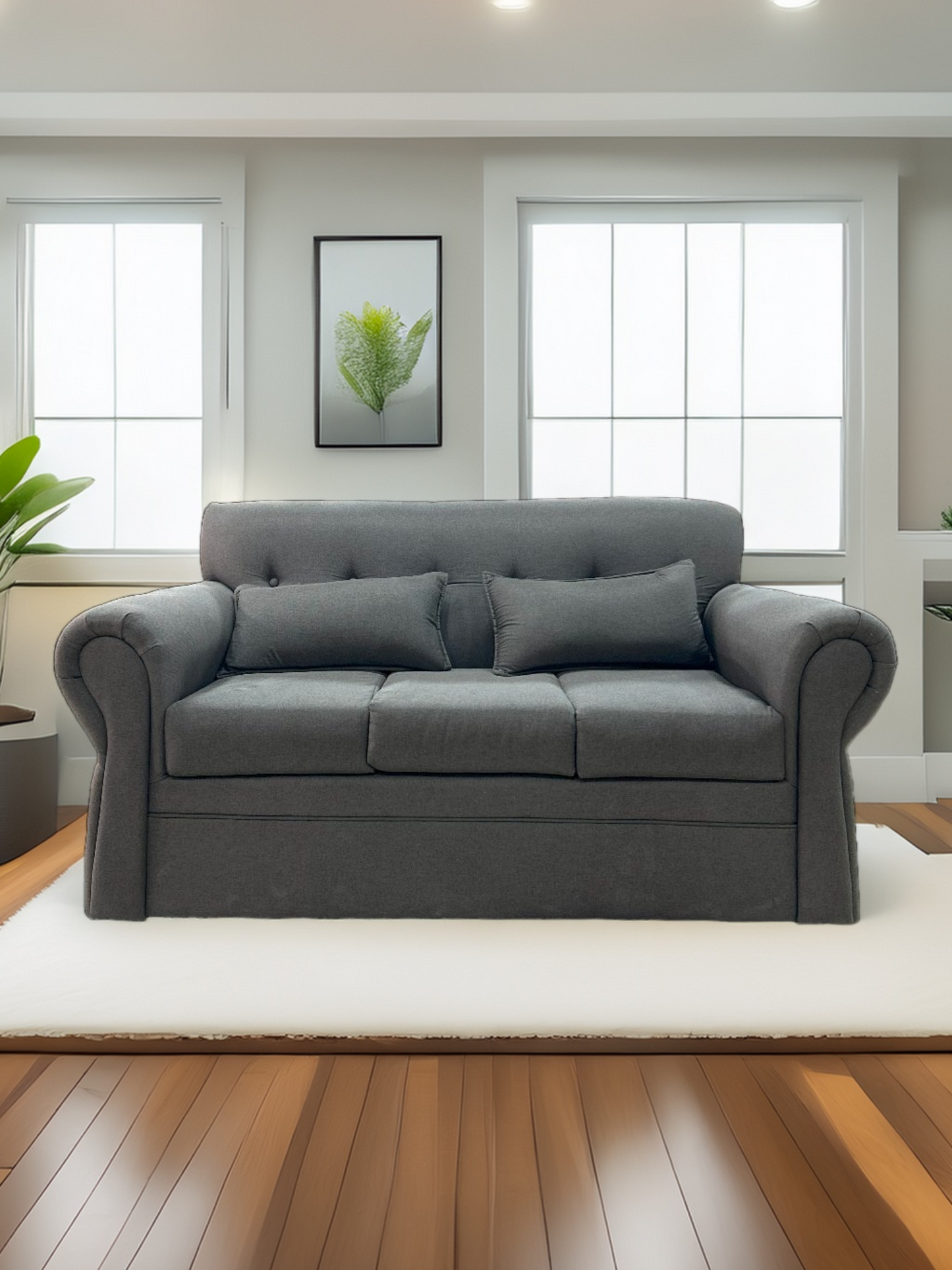 Sofá 3 cuerpos tapizado en tela gris